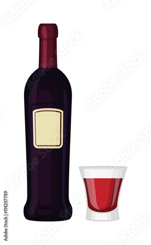 Glass and bottle of wine drink alcohol beverage winery cabernet design vector illustration. Wine bottle and glass elegance product, red wine bottle and bar glass. Merlot product champagne brand.