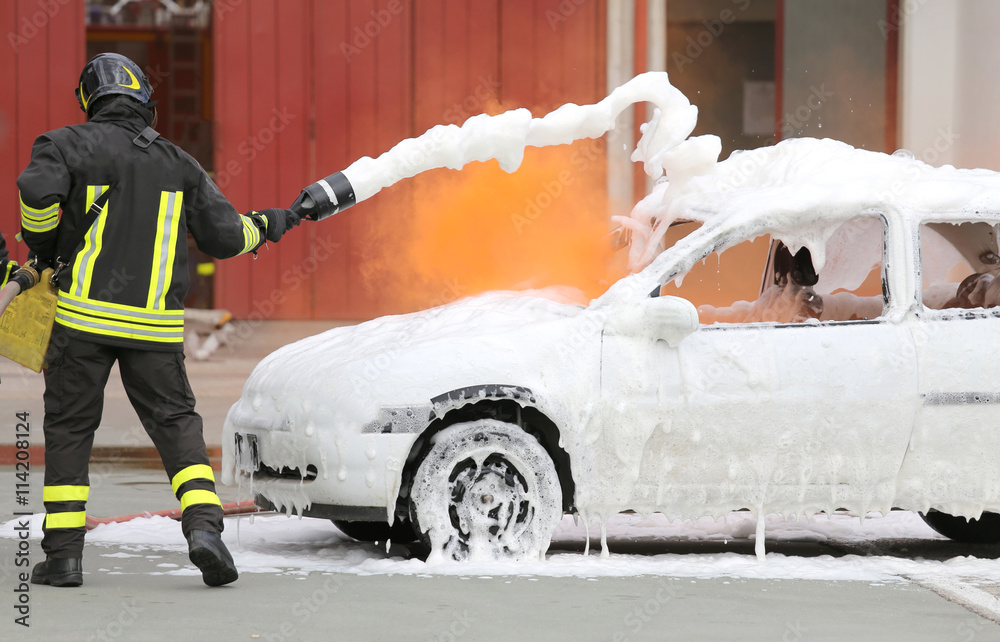 Fototapeta premium firefighters during exercise to extinguish a fire in a car