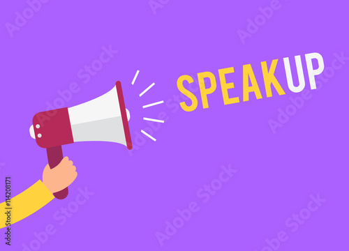 A hand holding a megaphone for a speak up! give your idea and aspiration