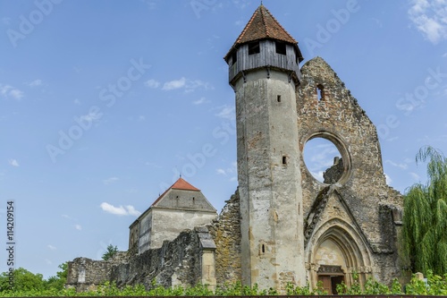 Ruins of medieval cistercian abbey in Transylvania, founded in 1202.Fromnt view.