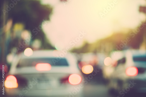 Abstract blur of car in city. Vintage filter