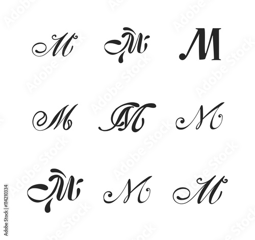 Business M sign monogram logo and badge emblem line vector illustration. Emblem monogram luxury badge logo template flourishes calligraphic M elegant ornament lines vector.