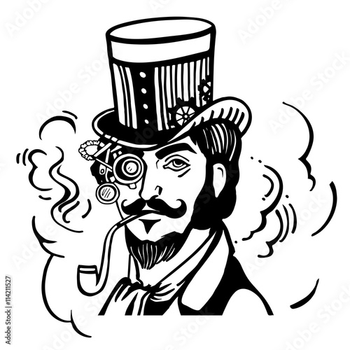 Steampunk man in top hat and glasses with the beard  moustache  a smoking pipe in vector illustration