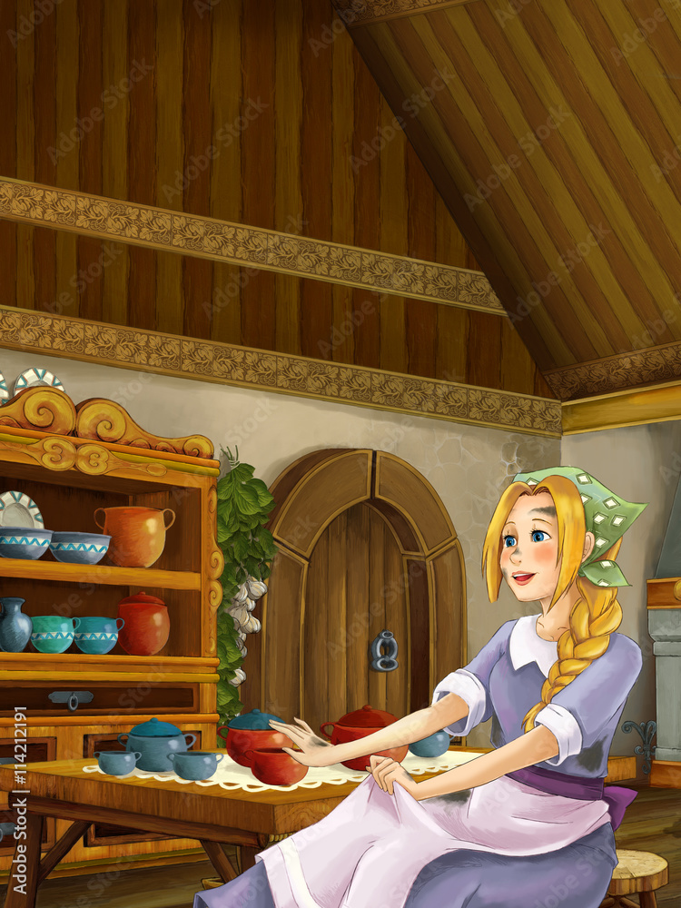 Cartoon scene in the old traditional kitchen - young dirty girl - cook or  house help in it - illustration for children Stock Illustration | Adobe  Stock