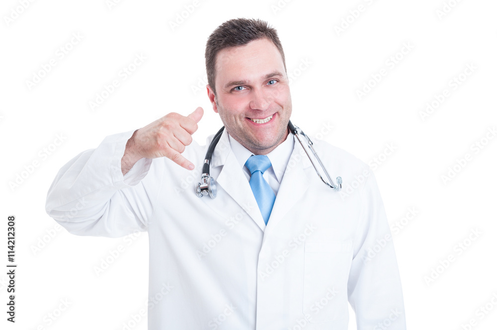 Smiling male doctor or medic making call me gesture Smiling male doctor or medic making call me gesture