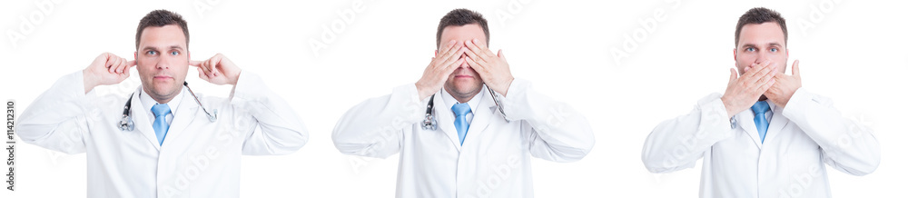 Concept of male doctor with blind deaf and mute gesture Concept of male doctor with blind deaf and mute gesture