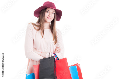 Happy girl model enjoying her leisure and doing shopping