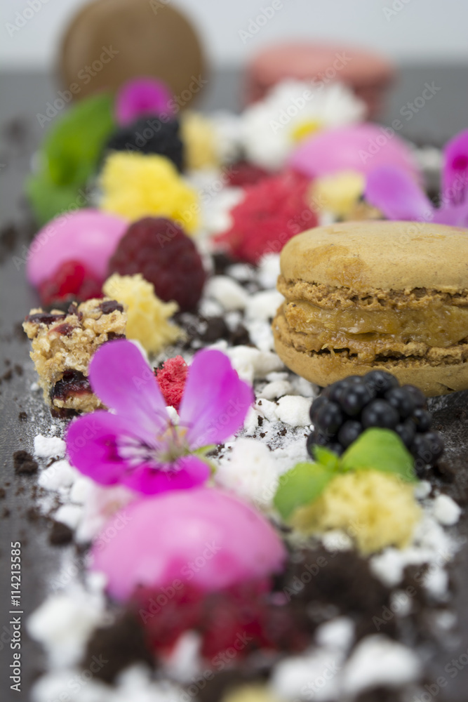 Presentation dessert, biscuit, fake caviar, molecular spheres, macarons, maltodextrin, chocolate, and edible flowers. Presentation dessert, biscuit, fake caviar, molecular spheres, macarons, maltodextrin, chocolate, and edible flowers.