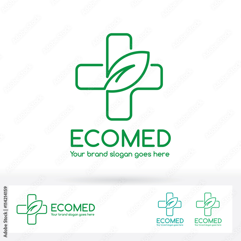 Eco Medical Clinic Logo with Cross and Leaf Symbol Eco Medical Clinic Logo with Cross and Leaf Symbol