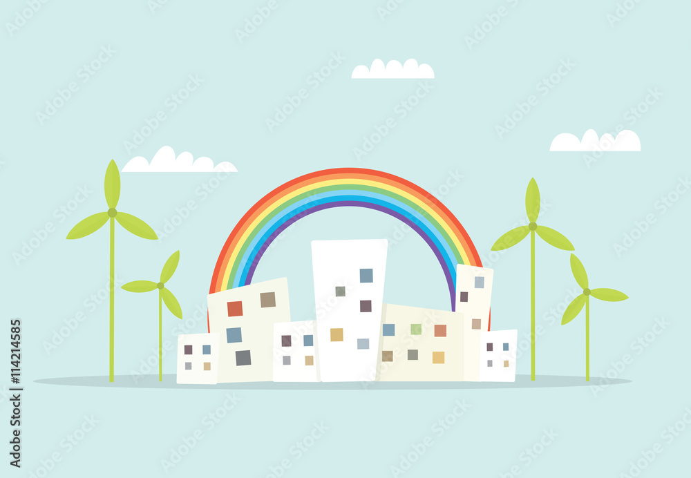 cartoon city with rainbow and windmills