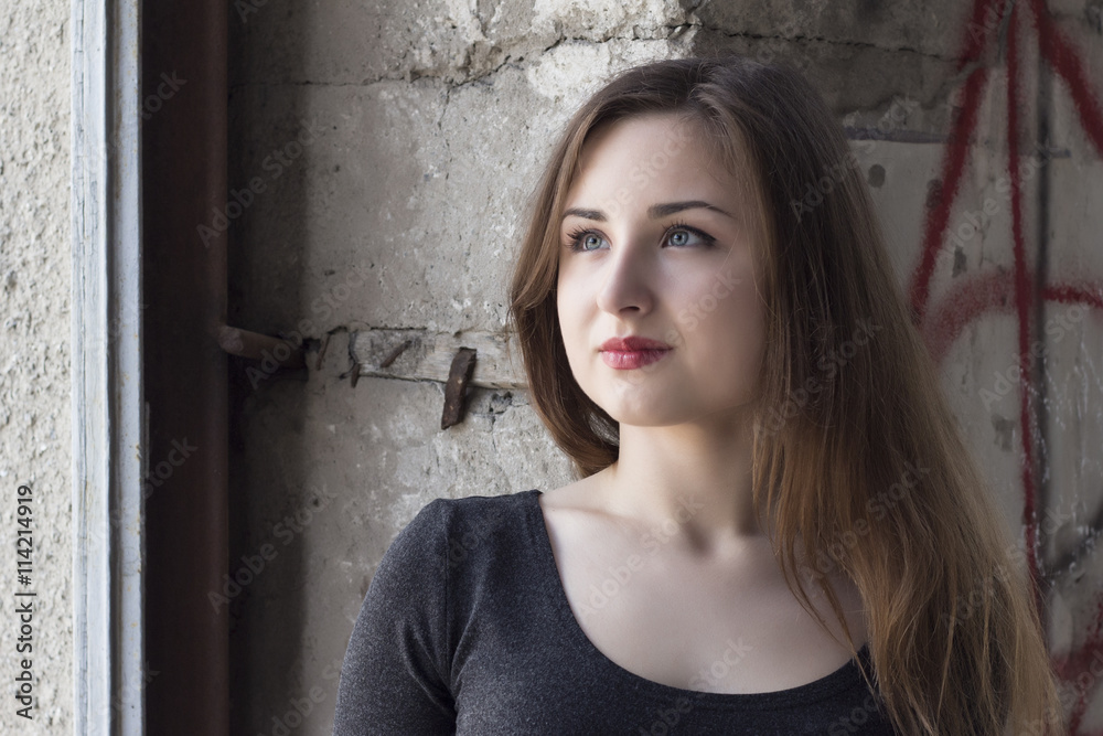 Portrait of a beautiful brown-haired woman in a gray dress on a background of a wall Portrait of a beautiful brown-haired woman in a gray dress on a background of a wall