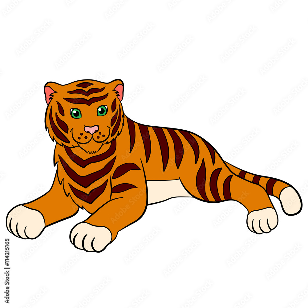 Cartoon wild animals for kids: Tiger. Cute tiger lays and smiles