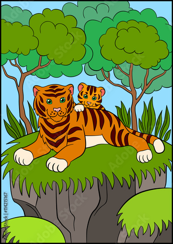 Fototapeta Naklejka Na Ścianę i Meble -  Coloring pages. Wild animals. Smiling mother tiger with her little cute baby tiger.