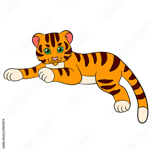 Fototapeta Naklejka Na Ścianę i Meble -  Cartoon wild animals for kids: Tiger. Little cute baby tiger smiles.