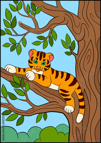 Fototapeta Naklejka Na Ścianę i Meble -  Coloring pages. Wild animals. Little cute baby tiger lays and smiles.