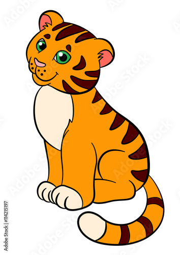 Fototapeta Naklejka Na Ścianę i Meble -  Cartoon wild animals for kids: Tiger. Little cute baby tiger smiles.