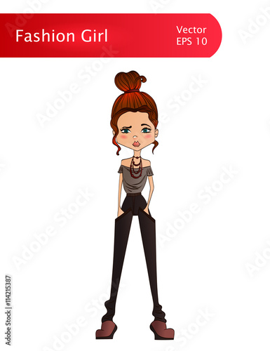 Vector Colorful Character Beautiful Fashion Girl Illustration with a Fashion Girl, Runway Cartoon Fashion Girl