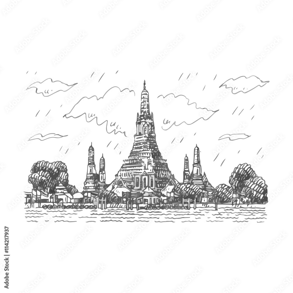 Wat Arun Temple in Bangkok, Thailand. Sketch by hand. Vector illustration
