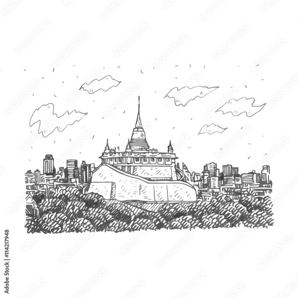 Fototapeta premium The Golden Mount at Wat Saket in Bangkok, Thailand. Sketch by hand. Vector illustration