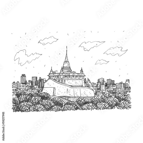 The Golden Mount at Wat Saket in Bangkok, Thailand. Sketch by hand. Vector illustration