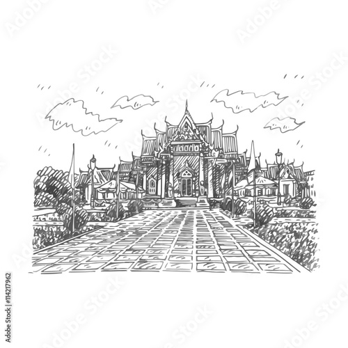 The Marble Temple (Wat Benchamabopit Dusitvanaram) in Bangkok, Thailand. Buddhist temple. Sketch by hand. Vector illustration