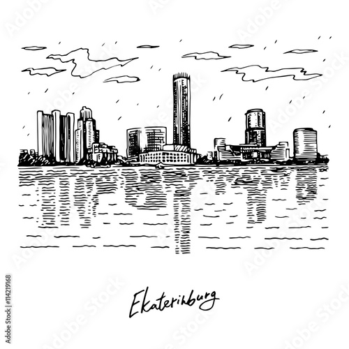 View of the modern buildings on the embankment of the pond in Yekaterinburg, Russia. Sketch by hand. Vector illustration