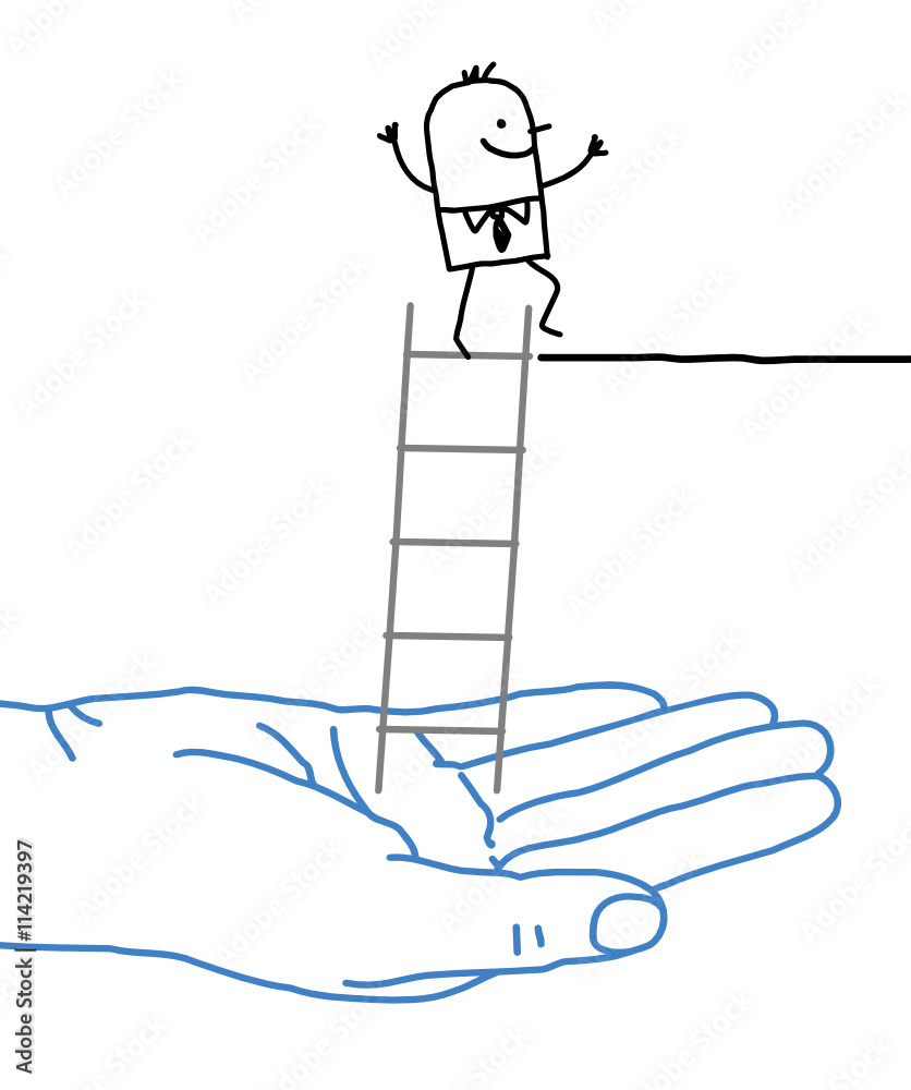 Big hand and cartoon businessman - help and ladder Big hand and cartoon businessman - help and ladder