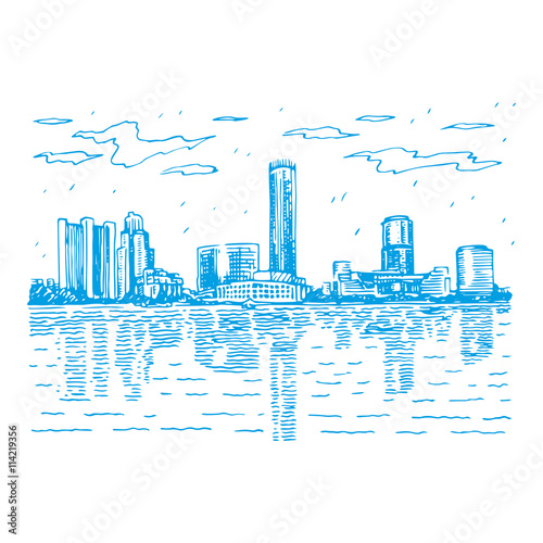 View of the modern buildings on the embankment of the pond in Yekaterinburg, Russia. Sketch by hand. Vector illustration