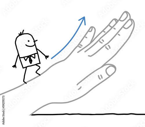 Big hand and cartoon businessman - going up
