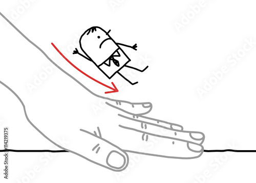 Big hand and cartoon businessman - sliding down