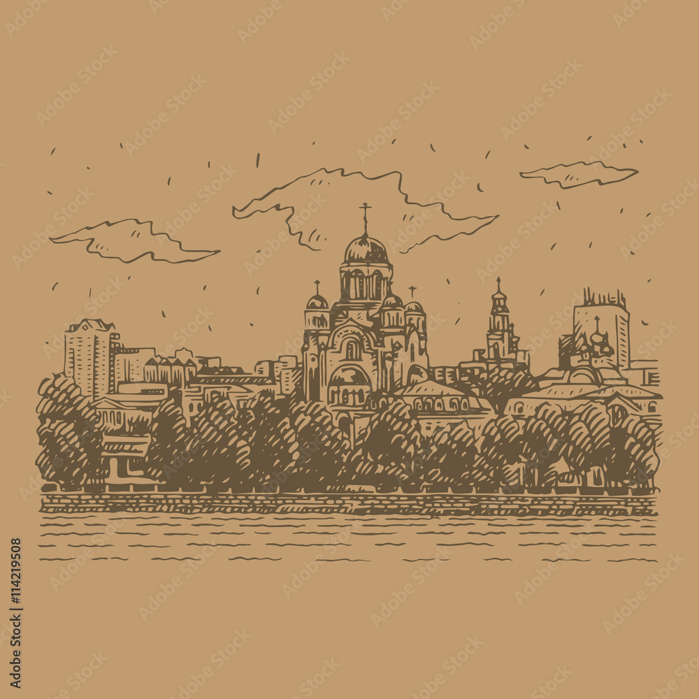 View of the Church on the Blood on the embankment of the pond in Yekaterinburg, Russia. Sketch by hand. Vector illustration View of the Church on the Blood on the embankment of the pond in Yekaterinburg, Russia. Sketch by hand. Vector illustration