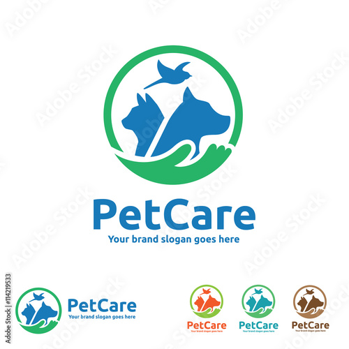 Fototapeta Naklejka Na Ścianę i Meble -  Pet Care Logo with Dog, cat and Bird Symbols