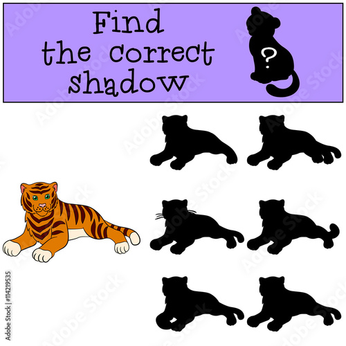 Fototapeta Naklejka Na Ścianę i Meble -  Children games: Find the correct shadow. Cute tiger smiles.