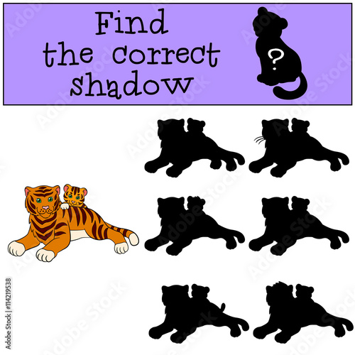 Fototapeta Naklejka Na Ścianę i Meble -  Children games: Find the correct shadow. Mother tiger lays with her little cute baby tiger.