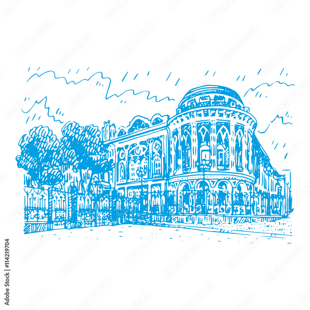 Sevastyanov House (also known as the House of Trade Unions) in Ekaterinburg, Russia. The most famous architectural building in historical centre. Sketch by hand. Vector illustration