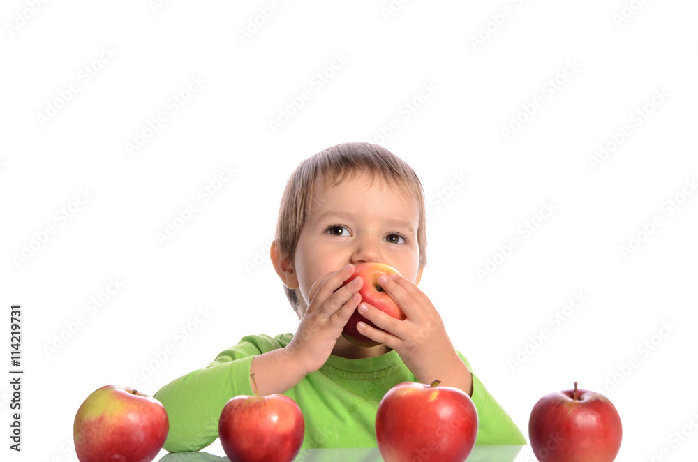 cute child with red apples isolated on white background cute child with red apples isolated on white background