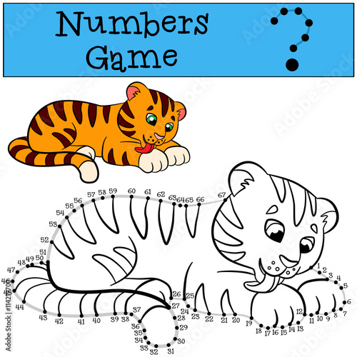 Fototapeta Naklejka Na Ścianę i Meble -  Education games for kids. Numbers game with contour. Little cute tiger.