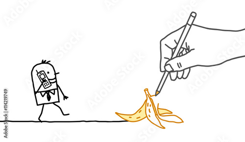 Drawing big hand and cartoon businessman - banana peel