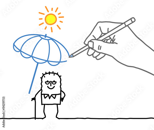 Drawing big hand and cartoon character - heat protection