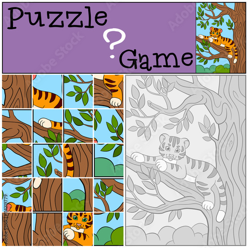 Fototapeta Naklejka Na Ścianę i Meble -  Education games for kids. Puzzle. Little cute tiger on the tree branch.