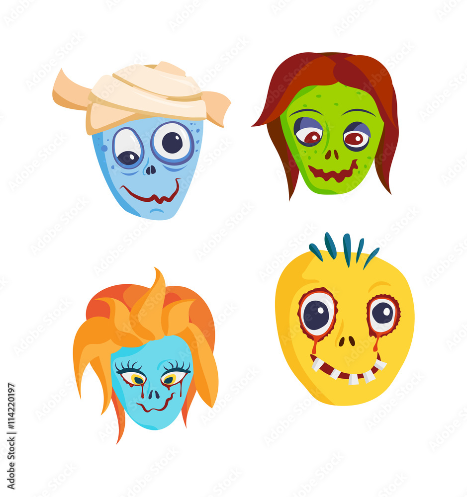Zombie head cartoon monster character scary flat vector illustration. Zombie head character face and zombie head smile spooky man. Portraip of cartoon moster blue zombie vector. Halloween kids style Zombie head cartoon monster character scary flat vector illustration. Zombie head character face and zombie head smile spooky man. Portraip of cartoon moster blue zombie vector. Halloween kids style