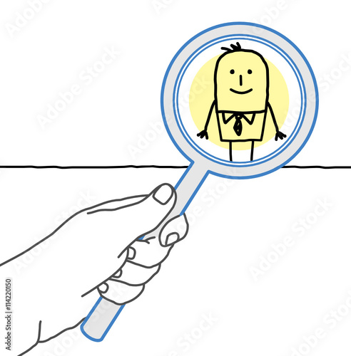 Big hand and cartoon businessman - supervising and magnifying