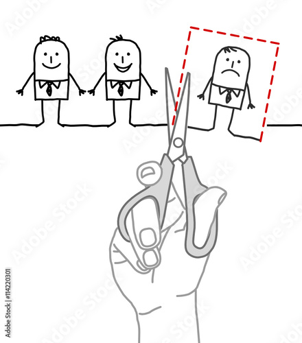 Big hand with cartoon characters - cutting and eliminate