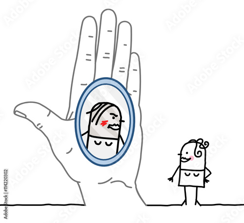 Big hand and cartoon character - reflection in the mirror
