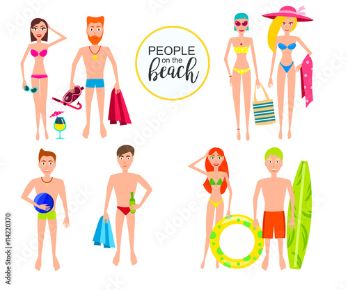 People Relaxing On The Beach. Vector Characters.