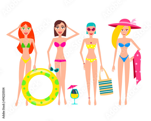 People Relaxing On The Beach. Vector Women Characters.