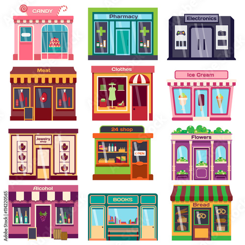 Set of vector flat design restaurants and shops facade icons. Includes bakery, pharmacy, electronics store, ice cream shop, book shop facade, butcher shop, trendy clothing store, jewelry store facade.