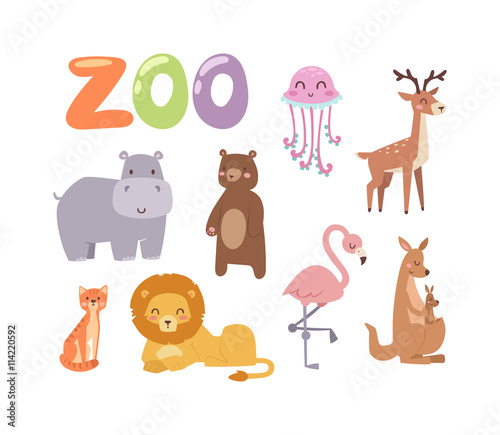 Vector zoo animals. Many different animals baby panda, sea whale, beautiful octopus, large buffalo, horned goat. Zoo animal character jungle wildlife safari collection and cartoon cute animals.