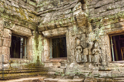 Angkor Prohm Khmer ancient Buddhist temple in jungle forest. Famous