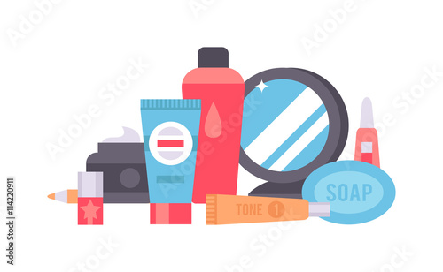 Beauty cosmetic and makeup icons. Cosmetics icons makeup bottle collection. Vector set of cosmetics female icons mirror cream comb powder fashion nail polish cosmetics. Make up hygiene skin set.